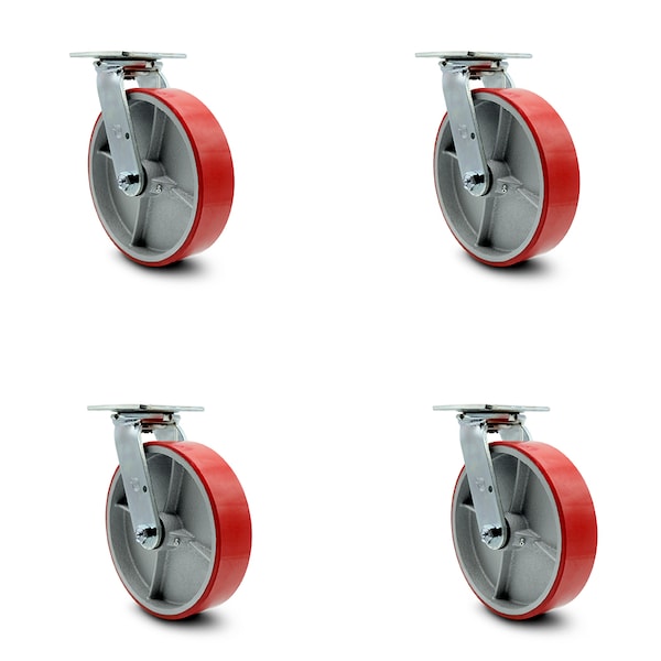 8 Inch Red Poly on Cast Iron Caster Set with Roller Bearing and Swivel Lock